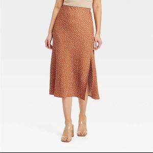 A New Day Midi A-Line Slip Skirt in Brown/Cream Polka Dot, Size M